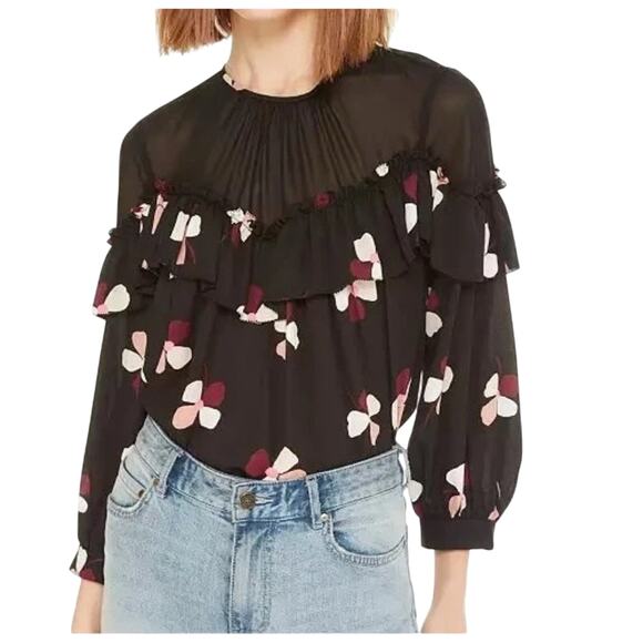 Kate Spade Live Colorfully Black Dusk Buds Ruffle Flowy Blouse Size XL - Picture 3 of 16